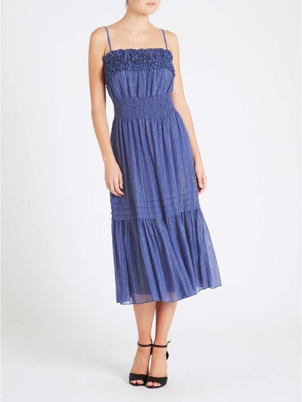 Rebecca Taylor Iris Blue Lurex Metallic Stripe Ruffle Midi Dress Size Small